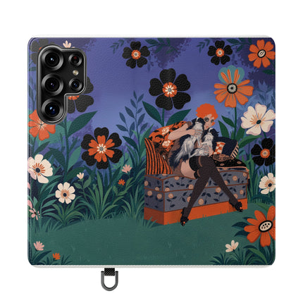 🌺🐈 The Lady Of The Midnight Garden Cat Flip Case – Art Deco Floral Fantasy