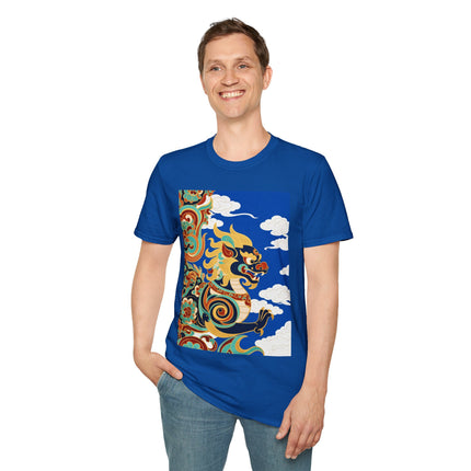 🦁☁️ The Celestial Snow Lion Softstyle T-Shirt – Tibetan Mythical Guardian & Sacred Clouds