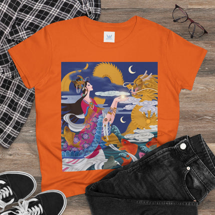 Dragon Pearl Offering Women's Midweight Cotton Tee – Mystical Fantasy & Golden Grace