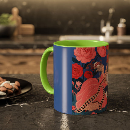The Lady And The Scarlet Macaw Colorful Mugs – Art Deco Floral Elegance