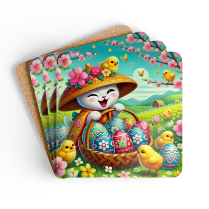 Geisha Kitten’s Easter Delight Corkwood Coaster Set