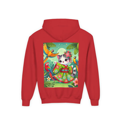 Parrot Dance of the Geisha Kitten Youth Hooded Sweatshirt – Tropical Joy & Whimsical Color