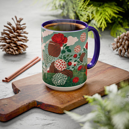 🌹💚 The Scarlet Rose Checkerboard Garden Colorful Mug – Art Deco Floral Whimsy