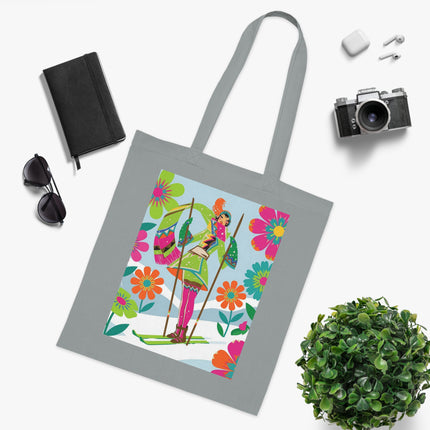 🎿🌸 The Winter Flower Adventurer Cotton Tote Bag – Colorful Skiing Fantasy