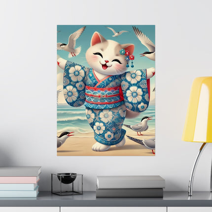 🌊🐱 Geisha Kitten by the Seaside Matte Vertical Poster – Coastal Charm & Ocean Breeze