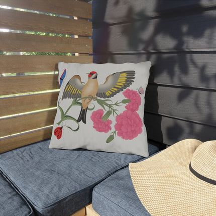 Goldfinch & Pink Flowers Outdoor Pillows – Vibrant Spring & Delicate Beauty