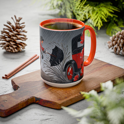 ☔🌹 The Scarlet Rainstorm Promenade Colorful Mug – Art Deco Motoring Elegance