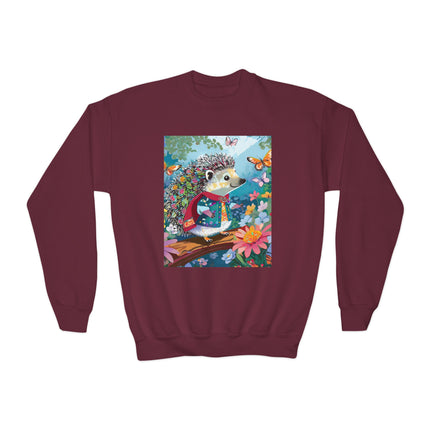 Cute Hedgehog Youth Crewneck Sweatshirt – Garden Adventure & Whimsical Charm