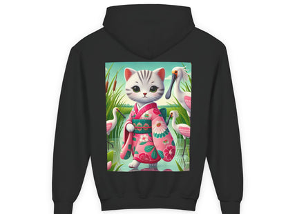 Geisha Kitten Strolls Among the Spoonbills Youth Heavy Blend Hooded Sweatshirt