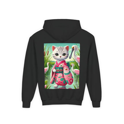 Geisha Kitten Strolls Among the Spoonbills Youth Hooded Sweatshirt – Graceful Nature & Whimsical Charm