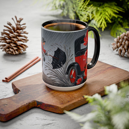 ☔🌹 The Scarlet Rainstorm Promenade Colorful Mug – Art Deco Motoring Elegance