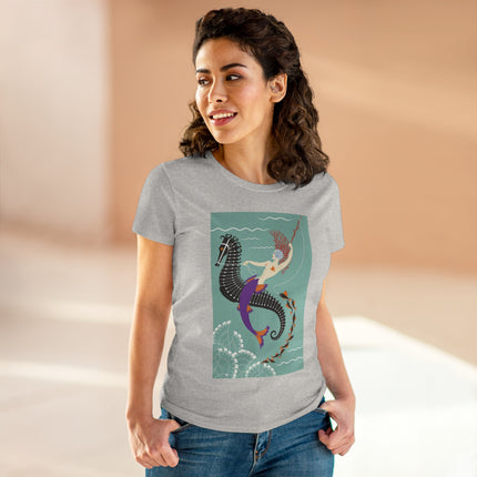 Mermaid on Seahorse Women's Midweight Cotton Tee – Dreamy Ocean Fantasy