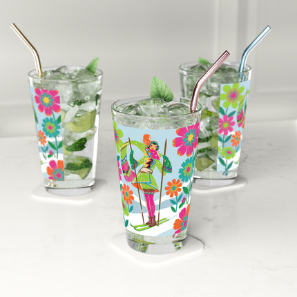 🎿🌸 The Winter Flower Adventurer Pint Glass – Colorful Ski Fantasy