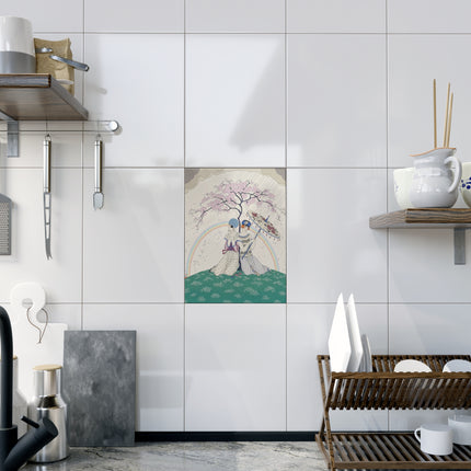 🌈☂️ Beneath The Rainbow Tree Ceramic Tile – Art Deco Spring Fantasy