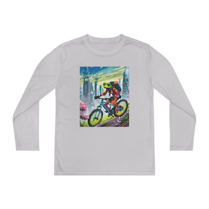 Cyberpunk Frog Youth Long Sleeve Competitor Tee – Neon Trails & Futuristic Adventure