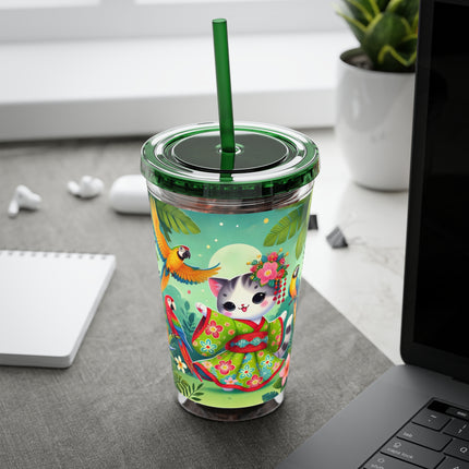 Parrot Dance of the Geisha Kitten Sunsplash Tumbler with Straw, 16oz