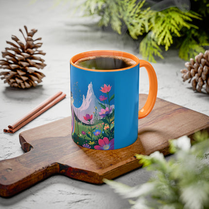 The Lady And The Moonlit Peak Colorful Mugs – Art Deco Alpine Garden Elegance