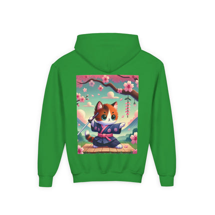 Samurai Kitten Youth Hooded Sweatshirt – Strength, Balance & Playful Courage