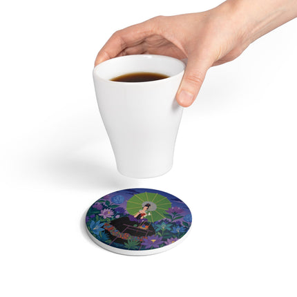 🧶☂️ The Lady Of The Moonlit Garden Knitting Ceramic Coaster – Art Deco Floral Whimsy