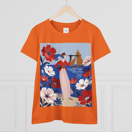 ⚓🌺 The Seaside Flower Adventurer Cotton Tee – Art Deco Nautical Fashion