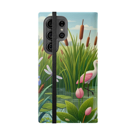 🦩🌸 Geisha Kitten Strolls Among the Spoonbills Flip Case – Serene Grace & Marshland Wonder