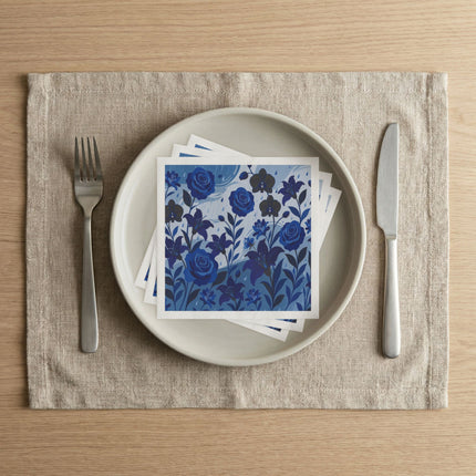 🌹💙 The Midnight Blue Rose And Orchid Garden Napkins – Art Deco Floral Elegance