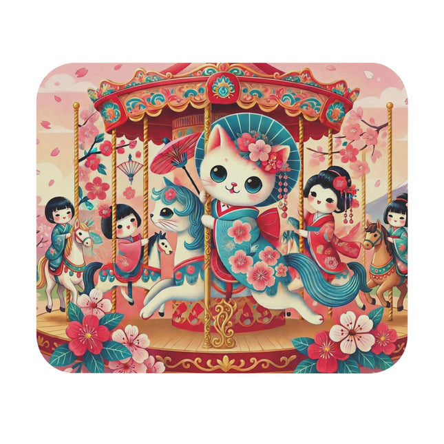 Geisha Kitten's Enchanted Carousel Ride Mouse Pad – Whimsical Dreams & Cherry Blossom Magic