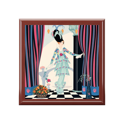 🌹🎭 The Lady Between The Curtains Jewelry Box – Art Deco Floral Theatre