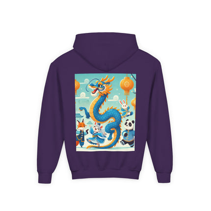 Blue & Gold Dragon Festival Parade Youth Hooded Sweatshirt – Joyful Celebration & Cultural Magic