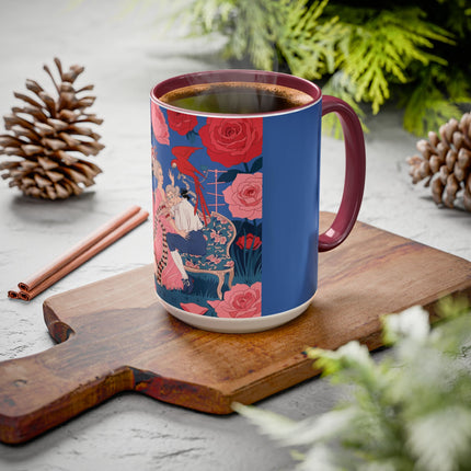 The Lady And The Scarlet Macaw Colorful Mugs – Art Deco Floral Elegance