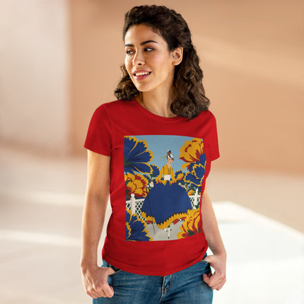 💙🌼 The Golden Petal Promenade Cotton Tee – Art Deco Floral Elegance