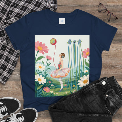 🌼🎈 The Garden Balloon Dancer Cotton Tee – Art Deco Floral Whimsy