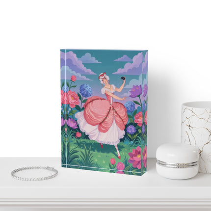 🎭🌸 The Lady Of The Garden Masquerade Acrylic Art Block – Art Deco Fashion Illustration