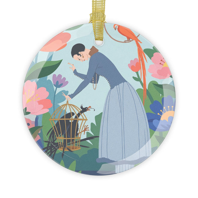 🪶🌸 The Lady And The Mysterious Bird Glass Ornament – Art Deco Botanical Mystery