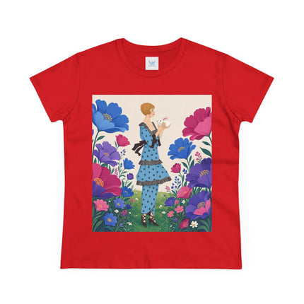 🐇🌺 The Little Rabbit Garden Cotton Tee – Art Deco Floral Whimsy