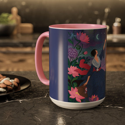 The Lady And The Morning Song Colorful Mugs – Art Deco Botanical Elegance