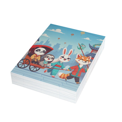 🐉🏮 The Dragon Rickshaw Parade Greeting Card – Whimsical Animal Adventure