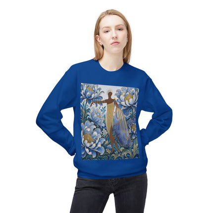 💙✨ The Lady Of The Gilded Blue Blossom Garden Midweight Crewneck Sweatshirt – Art Deco Floral Elegance