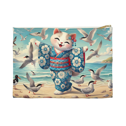 Geisha Kitten by the Seaside Accessory Pouch – Coastal Whimsy & Serene Grace