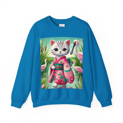 Geisha Kitten Strolls Among the Spoonbills  Unisex Heavy Blend™ Crewneck Sweatshirt