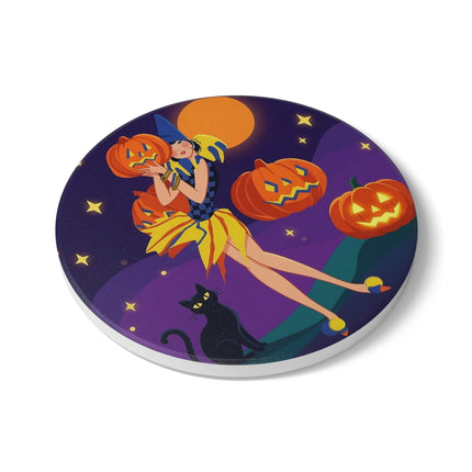 🎃🌙 Moonlit Pumpkin Masquerade Ceramic Coaster – Whimsical Halloween Charm