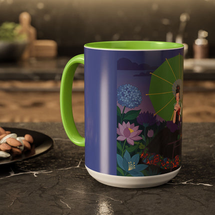 The Lady Of The Moonlit Needlework Colorful Mugs – Art Deco Crafting Elegance