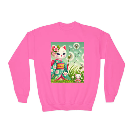 Geisha Kitten and the Dandelion Wish Youth Crewneck Sweatshirt – Gentle Magic, Dreams & Quiet Beauty