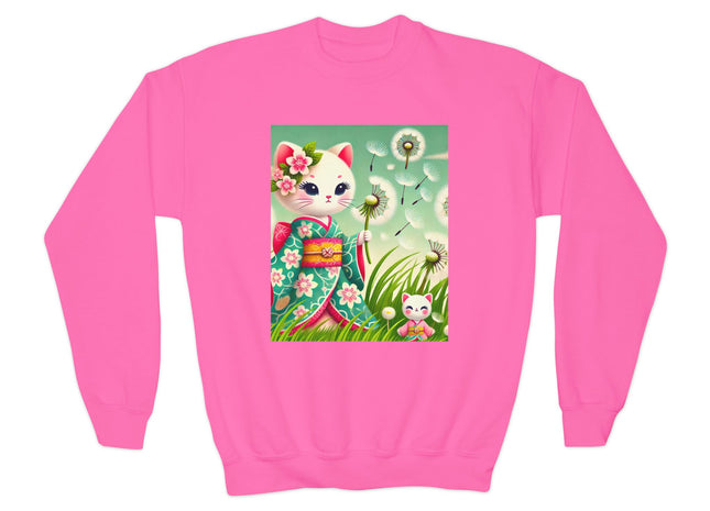 Geisha Kitten and the Dandelion Wish Youth Crewneck Sweatshirt