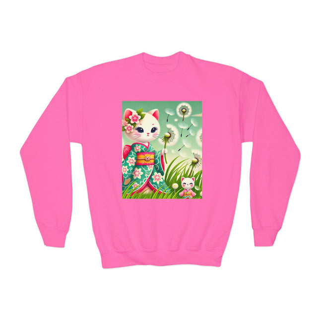 Geisha Kitten and the Dandelion Wish Youth Crewneck Sweatshirt – Gentle Magic, Dreams & Quiet Beauty