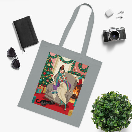 🔥🎄 The Lady Of The Christmas Hearth Cotton Tote Bag – Art Deco Holiday Warmth