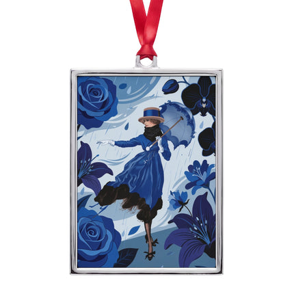 ☔💙 The Lady Of The Blue Rain Portrait Frame Ornament – Art Deco Floral Whimsy