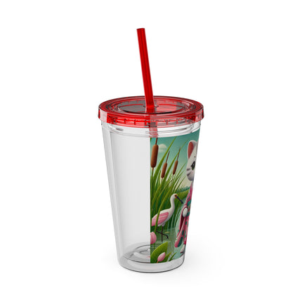 Geisha Kitten Strolls Among the Spoonbills Sunsplash Tumbler with Straw, 16oz