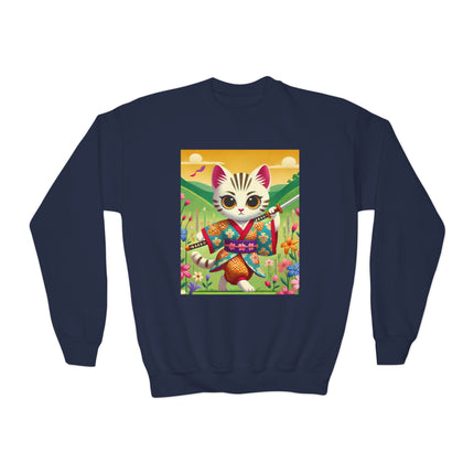 Samurai Kitten Youth Crewneck Sweatshirt – Grace, Discipline & Whimsical Strength