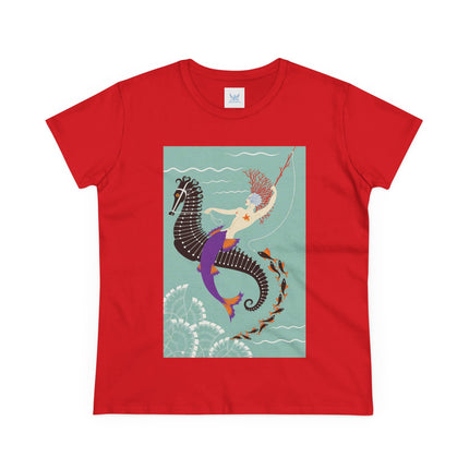 Mermaid on Seahorse Women's Midweight Cotton Tee – Dreamy Ocean Fantasy